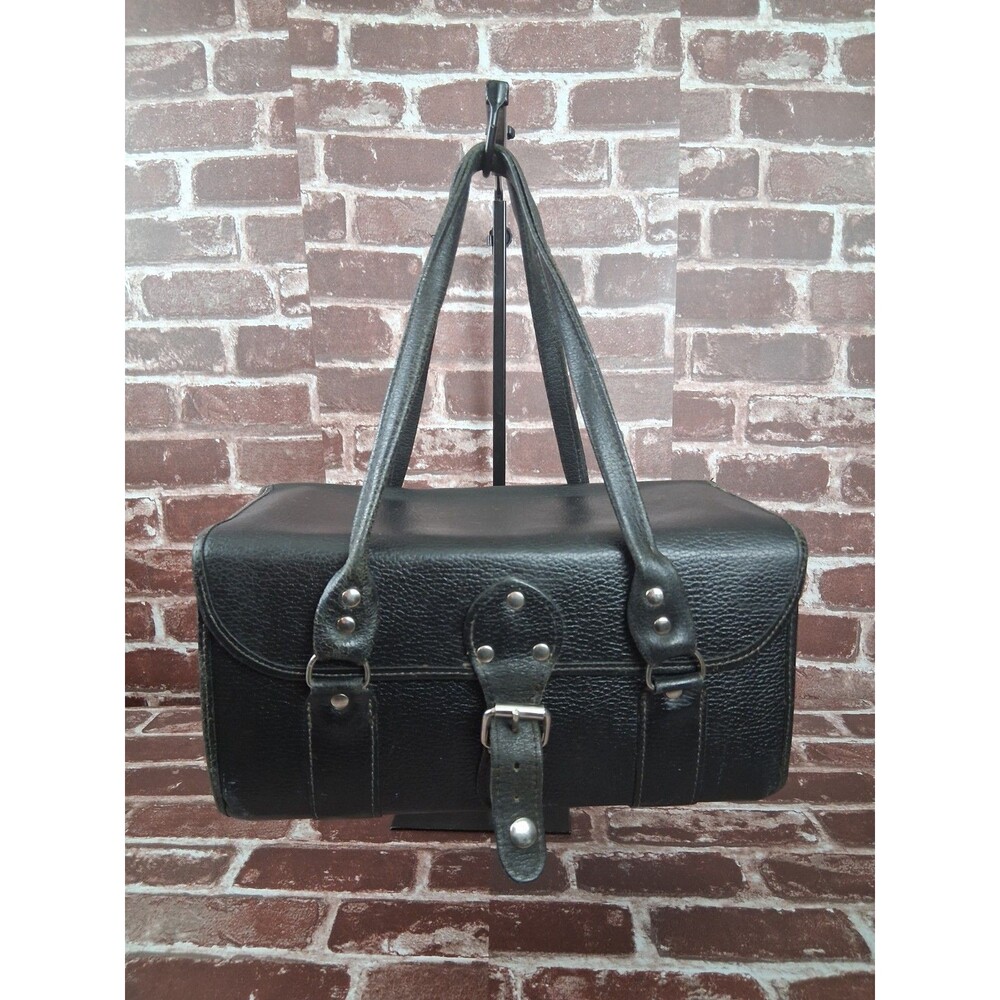 Vintage Mid Century Black Pebbled Leather Doctor Medical Travel Bag Made Hungary